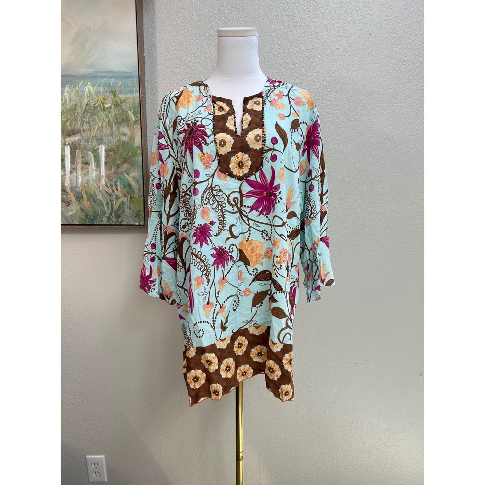Ku De Ta Embellished Floral Tunic XL Boho Beaded Sequin Lightweight Top